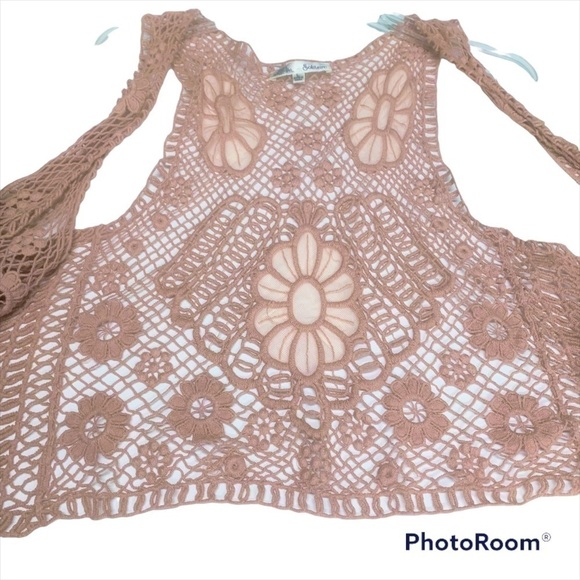 𝅺SOLITAIRE Boho Dusty Rose Crocheted Vest Size Large - Picture 3 of 6